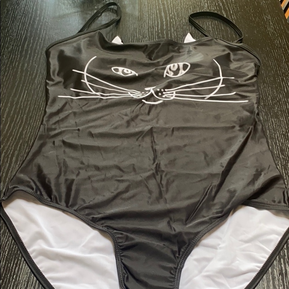 Woman’s Swimsuit One Piece Black Kitty Cat Size XL
